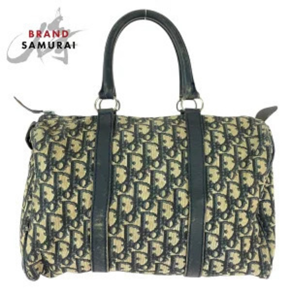 Christian Dior Trotter Beige Navy Blue Canvas Leather Handbag Boston Bag